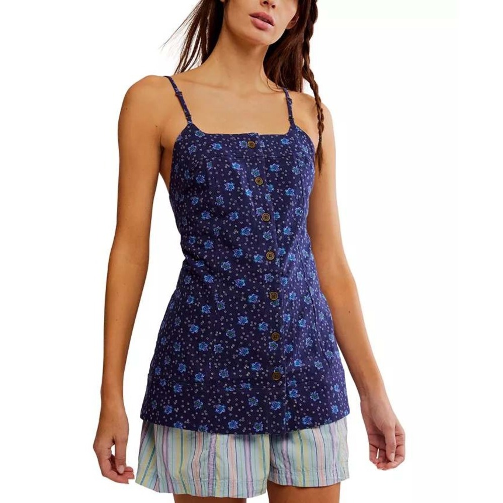 Free People Maddie Tunic Top Sleeveless Blue Floral Cotton Button Down NWOT M